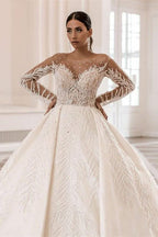 Glamorous Long Sleeve Bateau A-Line Satin Wedding Dress with Crystal and Pearl BM bride