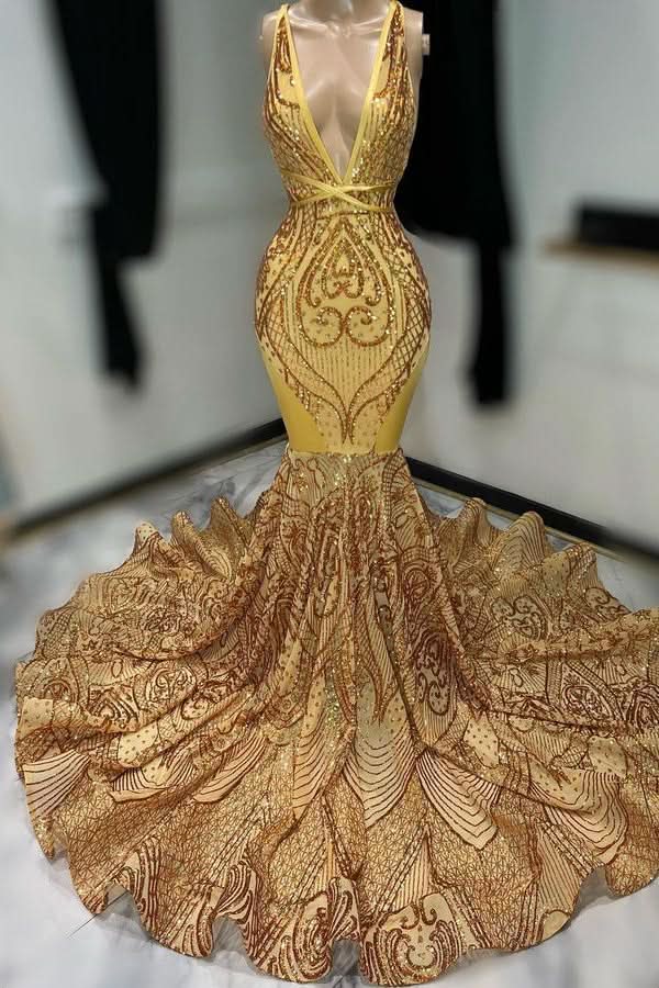 Dark Gold Sleeveless Sequin Prom Dress with V-Neck and Appliqueds BM bride