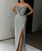 Pink Sequin Applique Long Prom Dress with High Slit BM bride
