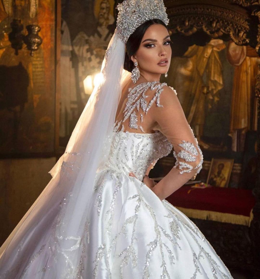 Gorgeous Long Princess Sweetheart Satin Wedding Dress with Sleeves BM bride