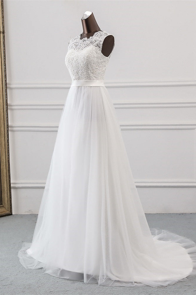 Jewel Neck A-Line Tulle Wedding Dress with Lace Appliques BM bride
