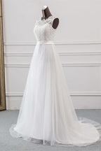 A-Line Jewel Neck Tulle Long Wedding Dress with Lace Appliques BM bride
