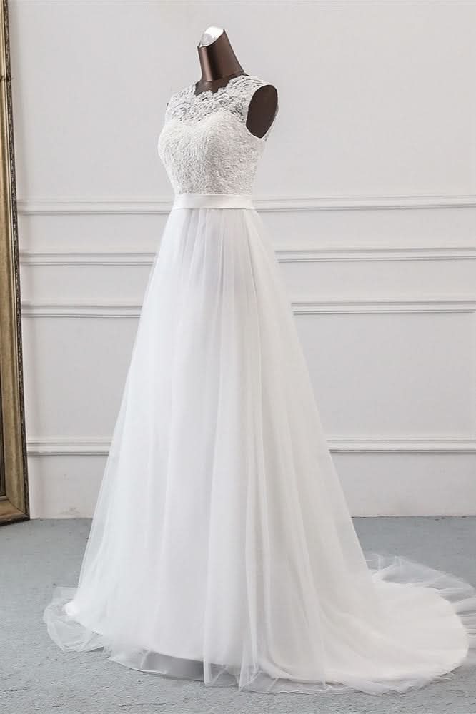A-Line Jewel Neck Tulle Long Wedding Dress with Lace Appliques BM bride