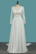 Long Sleeve Bateau A-Line Chiffon Floor-Length Wedding Dress with Ruffles BM bride