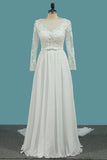 Long Sleeve Bateau A-Line Chiffon Floor-Length Wedding Dress with Ruffles BM bride