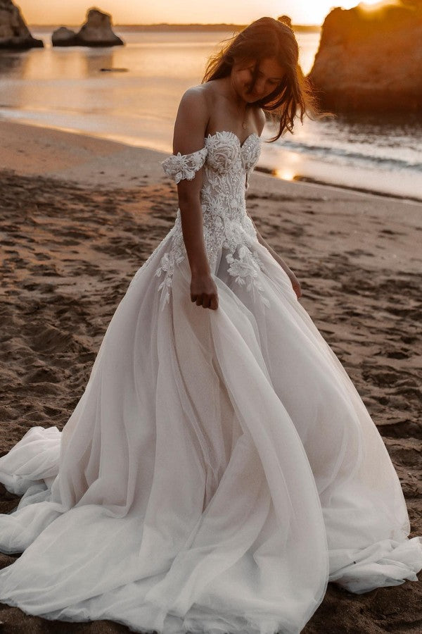 Off-the-Shoulder Tulle Train A-Line Wedding Dress with Lace Appliques BM bride
