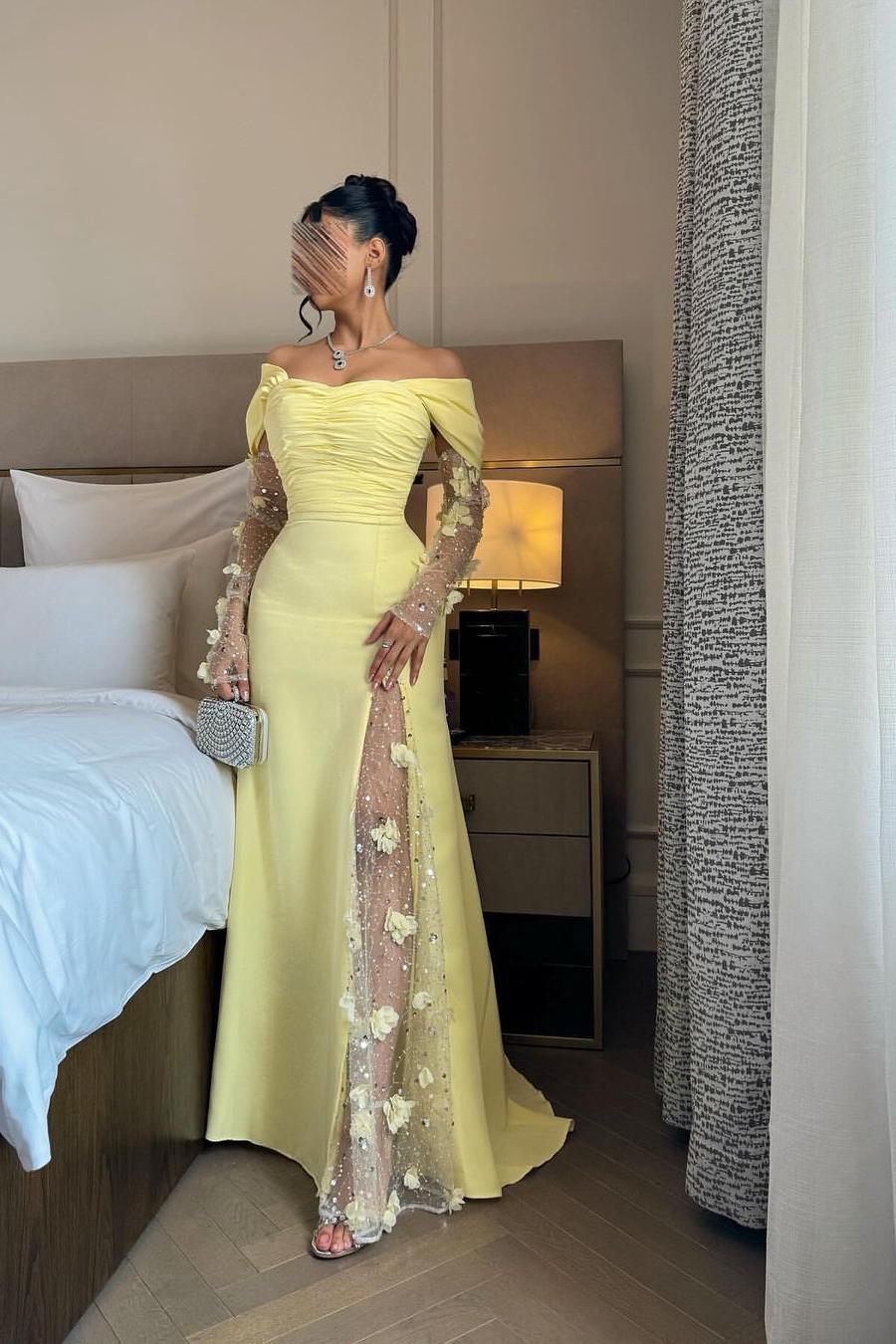 Off the Shoulder Long Sleeves Long Prom Dress With Split Appliques BMBRIDE