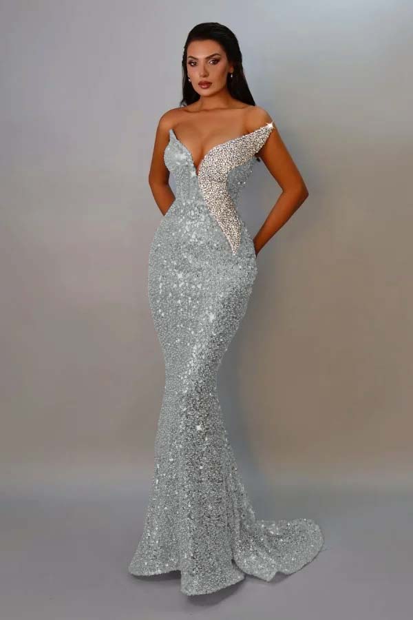 Sequins Strapless Sleeveless Long Mermaid Prom Dress With Pleated