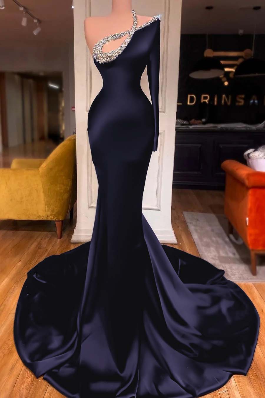 One Shoulder Long Sleeve Mermaid Long Prom Dress With Beading BMBRIDE