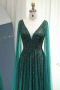 Emerald V Neck A Line Prom Dress Cap Sleeves Tulle With Beaded Appliques