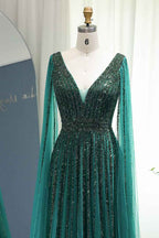 Emerald V Neck A Line Prom Dress Cap Sleeves Tulle With Beaded Appliques