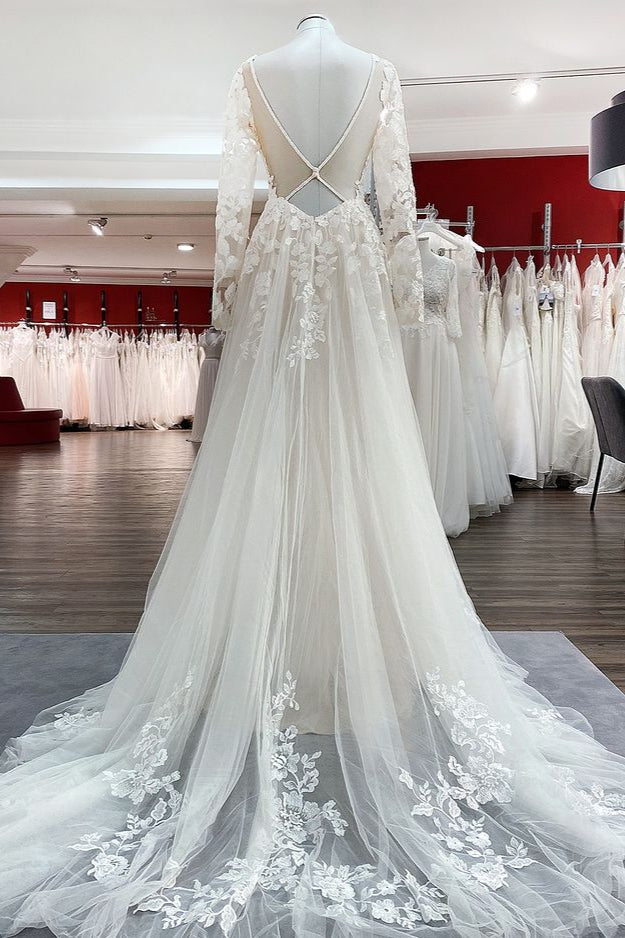 Long Sleeve A-Line Lace Wedding Dress with Open Back and Tulle Appliques BM bride