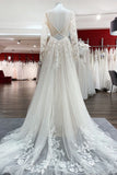 Long Sleeve A-Line Lace Wedding Dress with Open Back and Tulle Appliques BM bride
