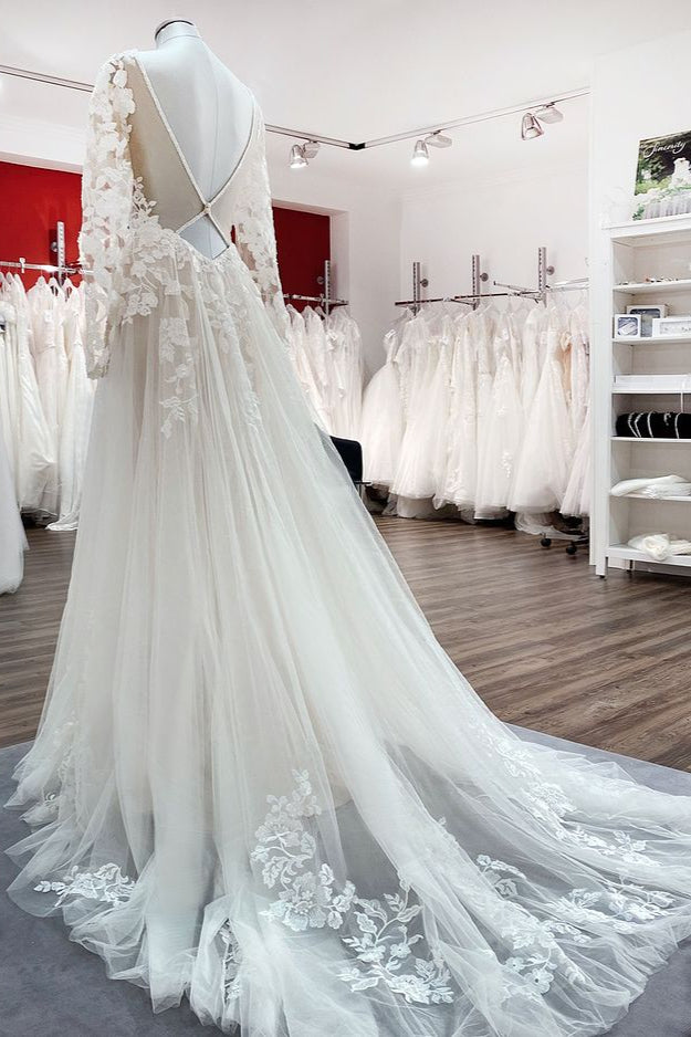 Long Sleeve A-Line Lace Wedding Dress with Open Back and Tulle Appliques BM bride
