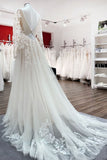 Long Sleeve A-Line Lace Wedding Dress with Open Back and Tulle Appliques BM bride
