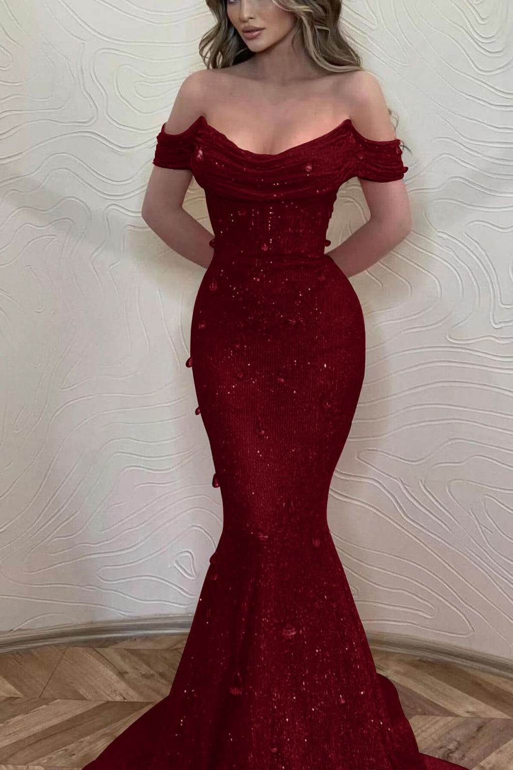 Orange Mermaid Off-The-Shoulder Prom Dress with Sequins BM bride