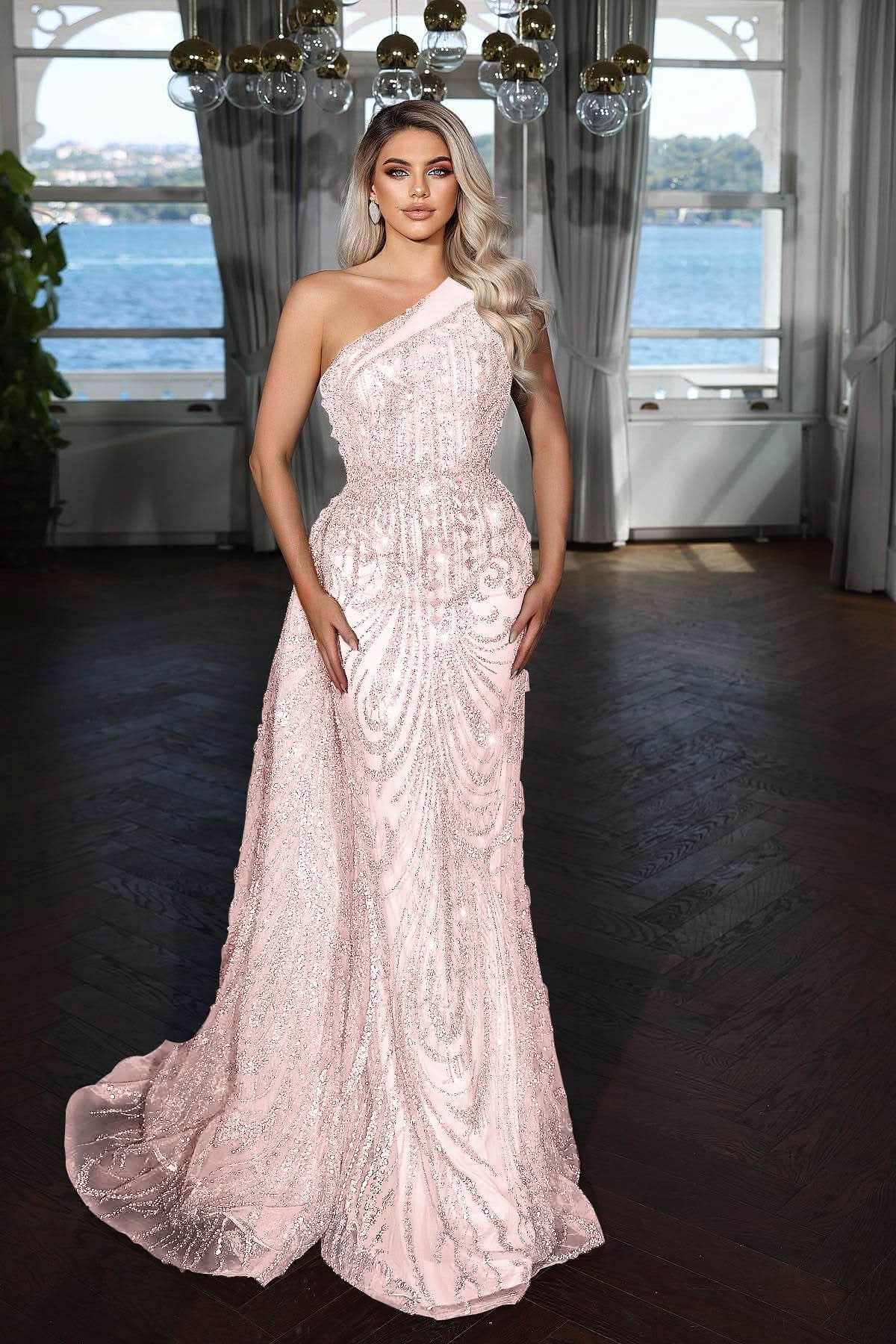 Elegant Dark Blue One Shoulder Mermaid Evening Dress with Sequins Applique BM bride