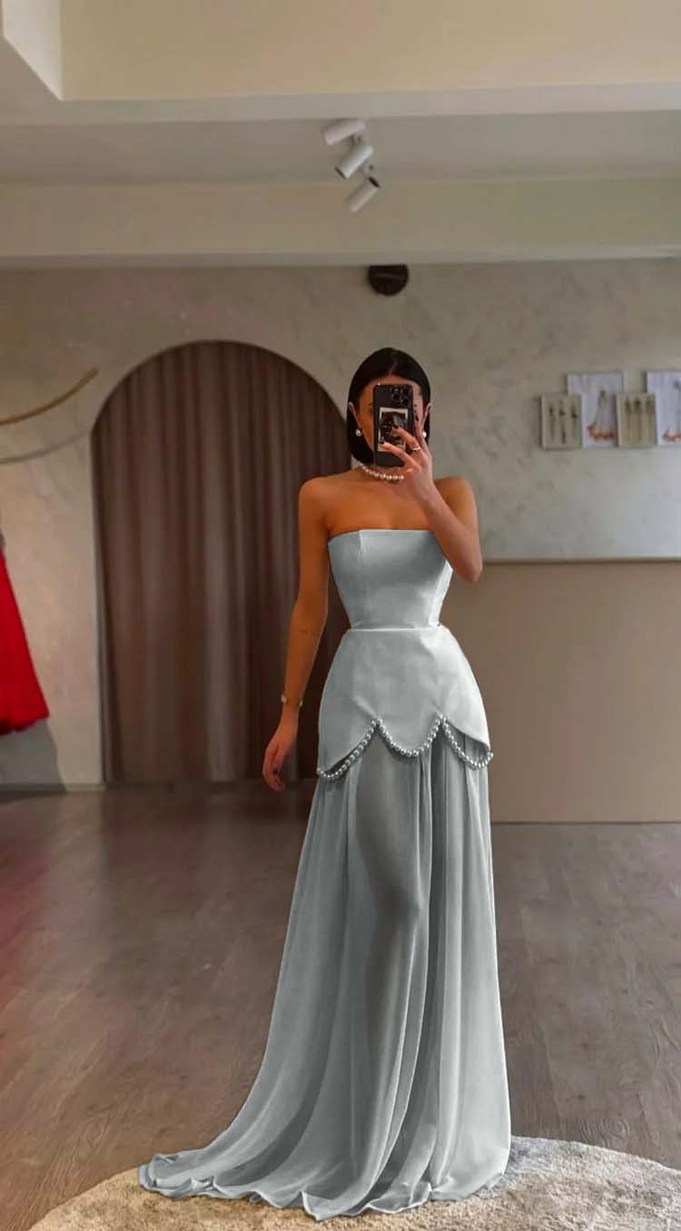 White Strapless Sleeveless Long Prom Dress With Pleated Beading BMBRIDE