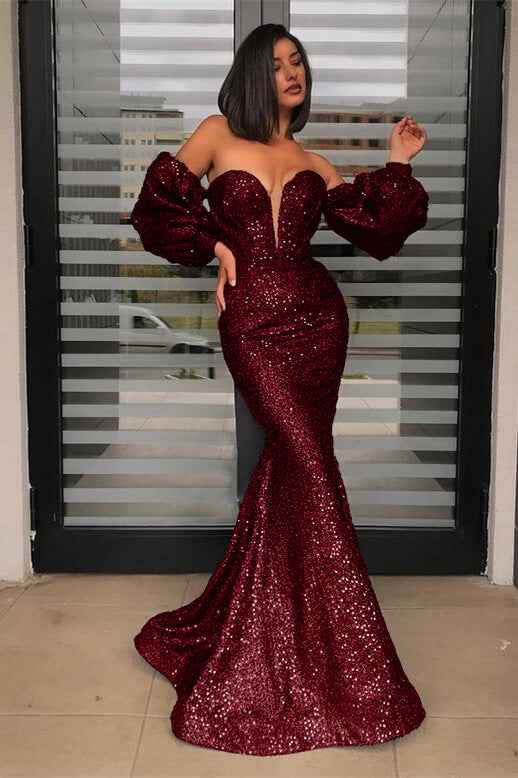 Detachable Sleeves Black Strapless Sweetheart Sequins Prom Dress Mermaid