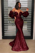 Detachable Sleeves Black Strapless Sweetheart Sequins Prom Dress Mermaid