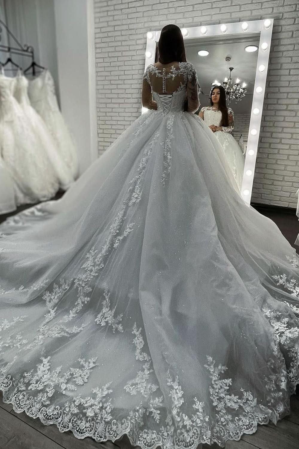 Sheer Tulle Ball Gown Wedding Dress With Long Sleeves Appliques BM bride