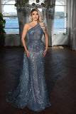 Elegant Dark Blue One Shoulder Mermaid Evening Dress with Sequins Applique BM bride