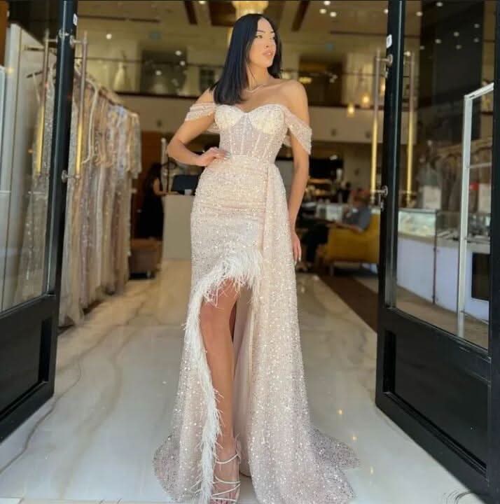 Charming Champagne Off-The-Shoulder Sequined Prom Dress with Feather BM bride