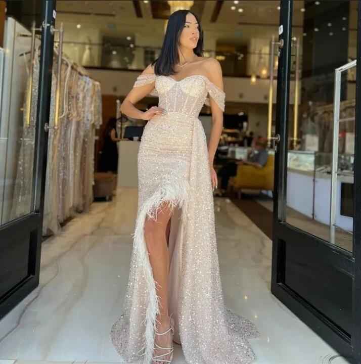 Off the Shoulder Charming Champagne Sequins Prom Dress With Feather