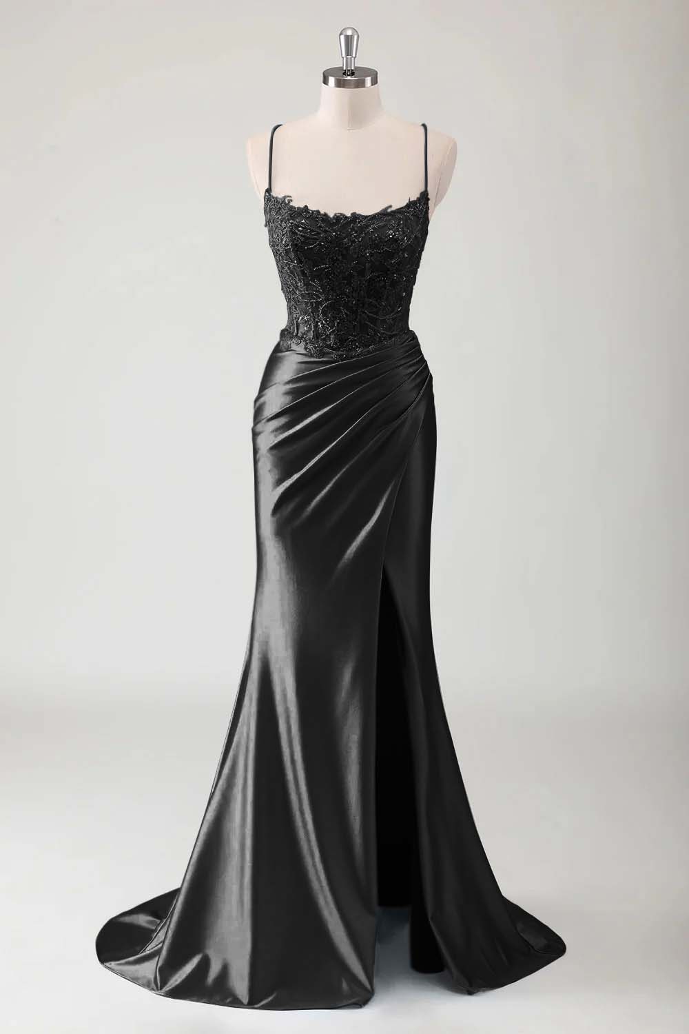 Spaghetti Strap Sleeveless Long High Split Prom Dress With Appliques BMBRIDE