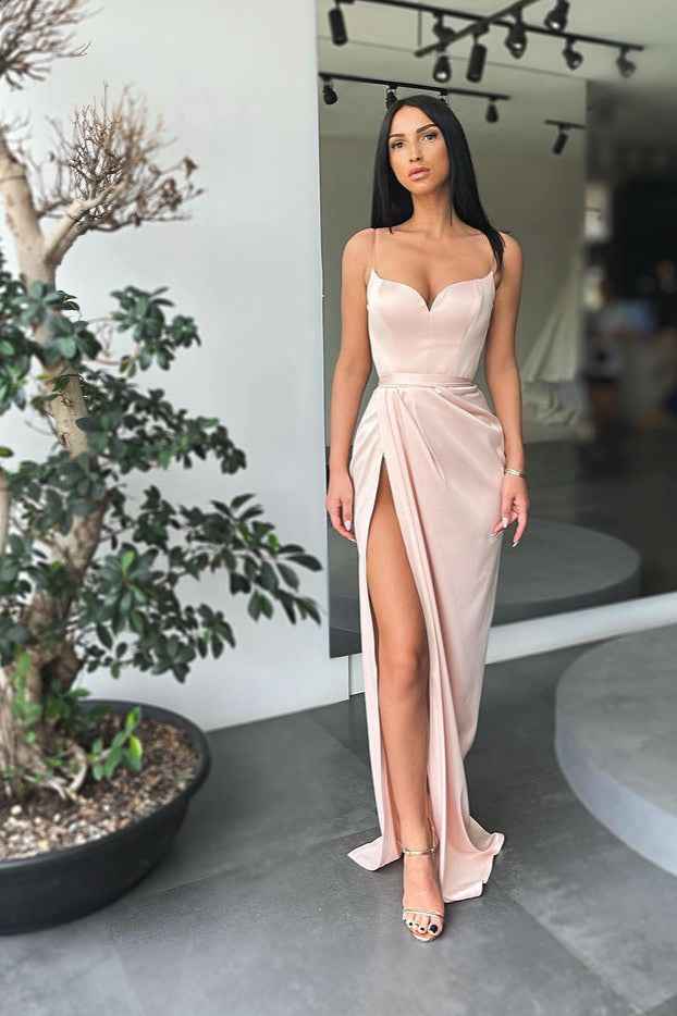Mermaid Spaghetti Strap Sleeveless Pleated Long Prom Dress With High Split