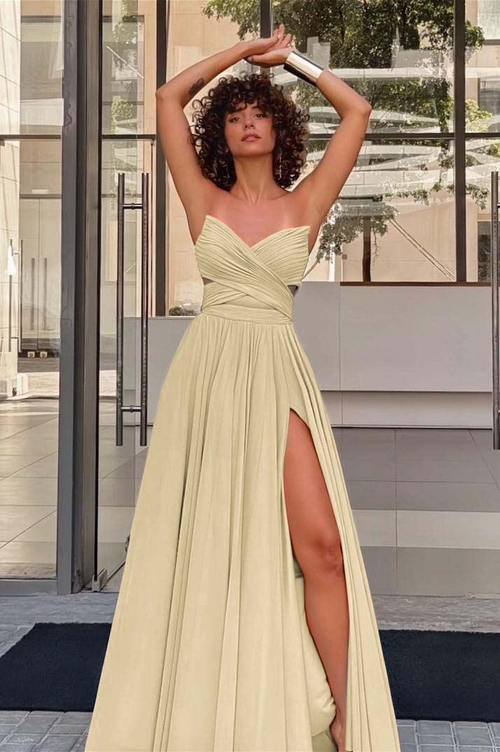 Strapless Sleeveless Long High Split Prom Dress With Pleated BMBRIDE