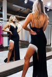 Black Spaghetti Strap V Neck Evening Dress with Tassel and Slit BM bride