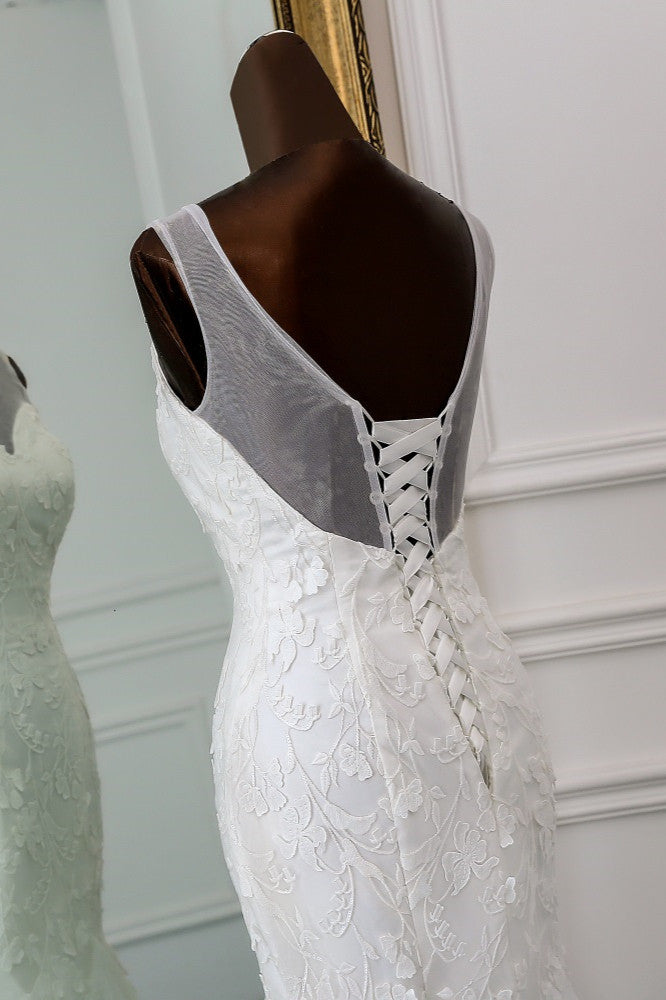 Jewel Neck Backless Long Mermaid Wedding Dress with Tulle Lace BM bride