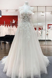 Sweetheart Long A-Line Wedding Dress with Tulle Ruffles, Open Back, and Lace Appliques BM bride