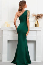 Navy Blue One Shoulder Evening Dress with Beadings and High Split BM bride