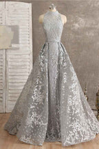 Silver High Neck Sleeveless Prom Dress Tulle Ruffles With Appliques