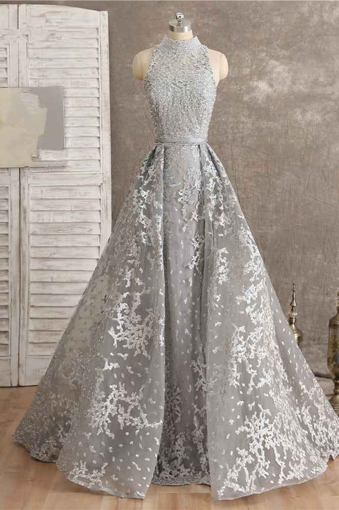 Silver High Neck Sleeveless Prom Dress Tulle Ruffles With Appliques