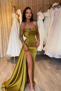 Off the Shoulder Long Sleeves Long Mermaid Prom Dress With Pleated BMBRIDE