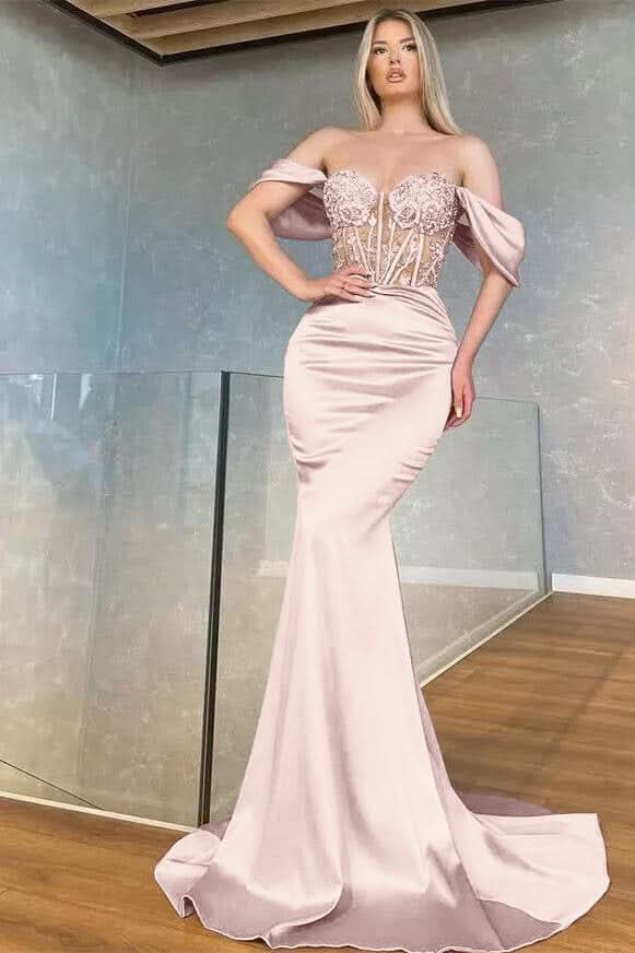 Off-the-Shoulder Sweetheart Mermaid Prom Dress with Beads BM bride