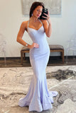 Sparkly Light Lilac Halter Satin Mermaid Long Prom Dress with Beading BM bride