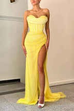Daffodil Strapless Sweetheart Sleeveless Mermaid Prom Dress Split With Sequins