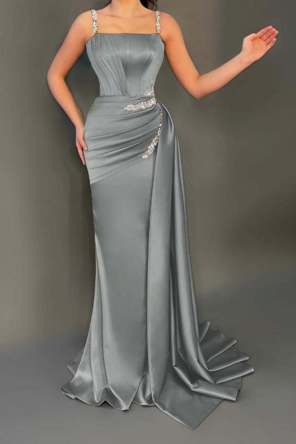 Spaghetti Strap Sleeveless Long Mermaid Prom Dress With Pleated Beading
