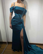 Ink Blue Prom Dress Spaghetti Strap With Sleeveless High Split