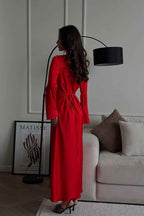 Chic Red Jewel Long Sleeves Belt Long Prom Dress With Pleated