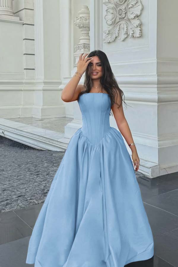 Chic Sleeveless Strapless Long A Line Prom Dress With Pleated BMBRIDE