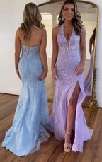 Fitted Lace Blue Prom Dress with Split BM bride