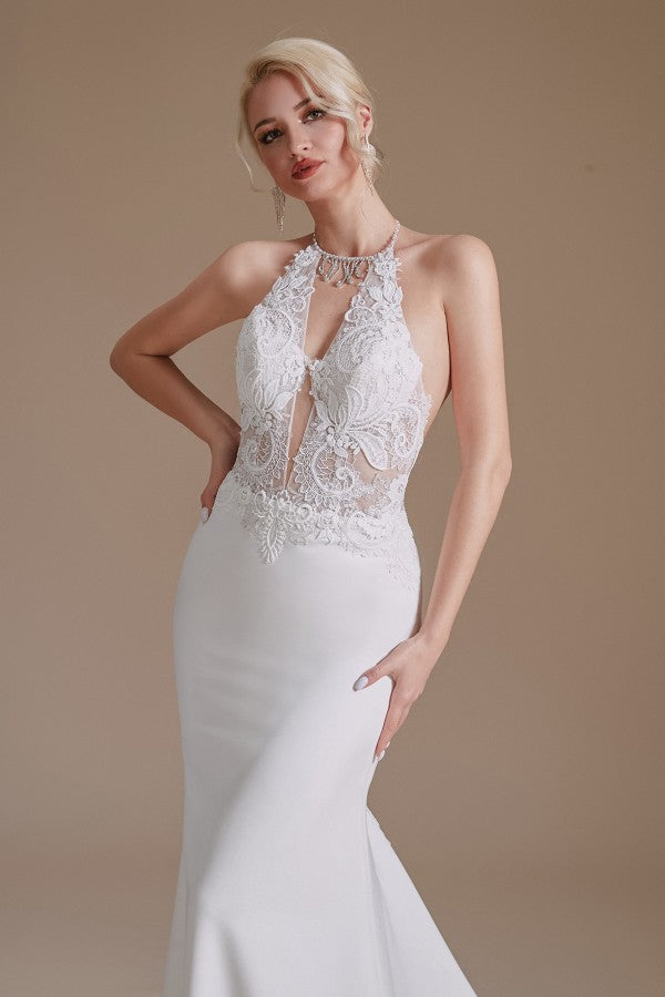 Modest Long Mermaid Halter Backless Satin Wedding Dress with Lace Appliques BM bride