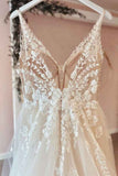 Spaghetti Strap V-Neck A-Line Backless Wedding Dress with Tulle Lace Appliques BM bride
