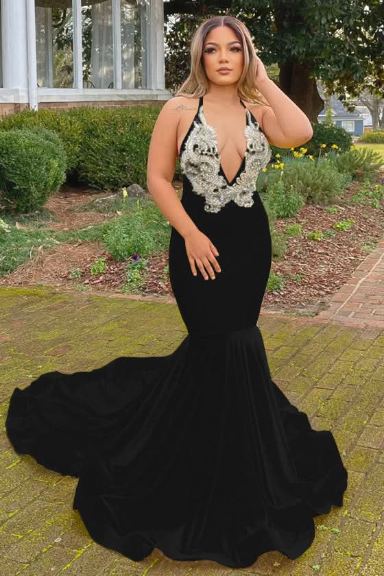 Yellow Halter V-Neck Mermaid Prom Dress with Applique BM bride