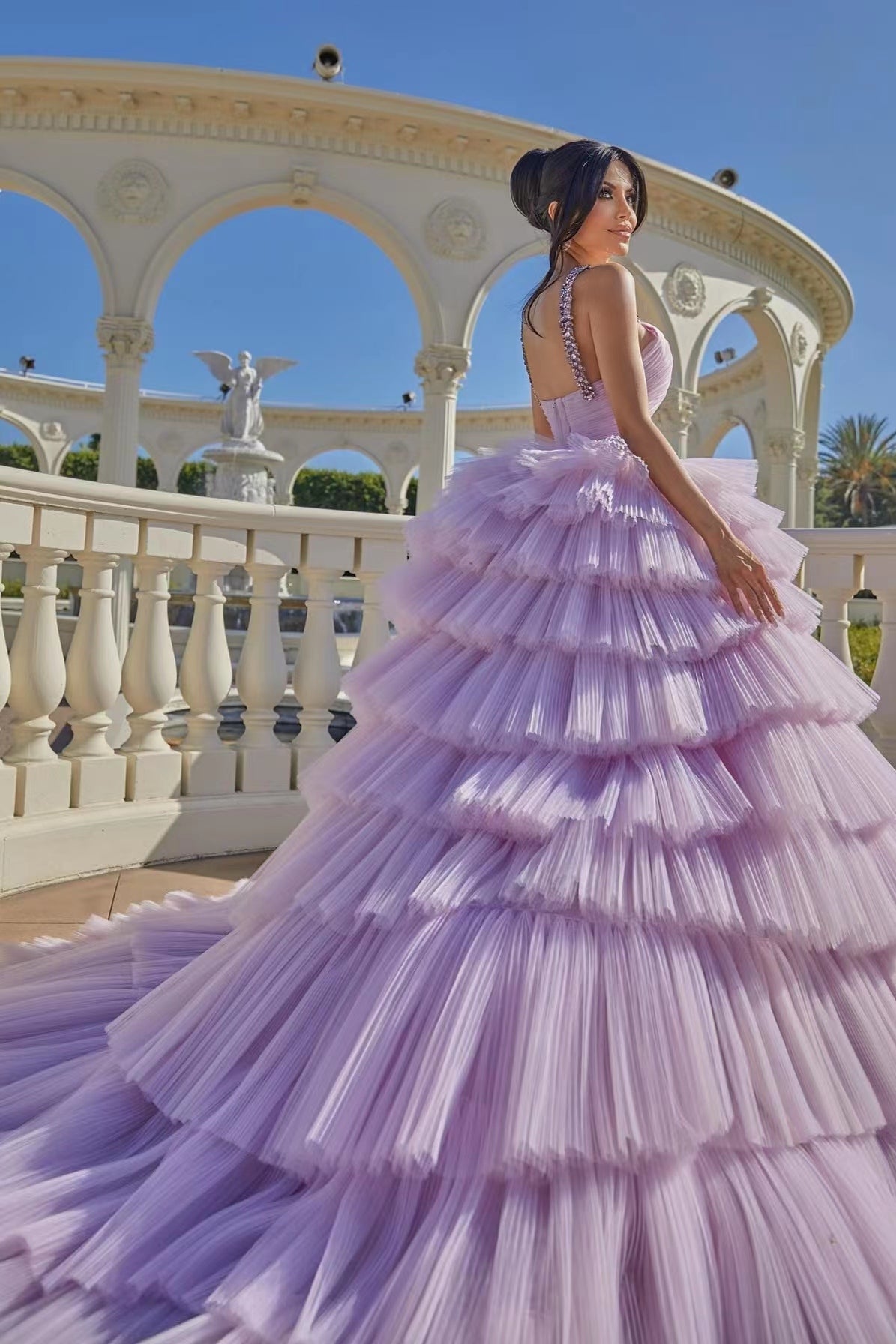 Lilac Ball Gown Evening Dress Sleeveless with Tulle Layered and Beads BM bride